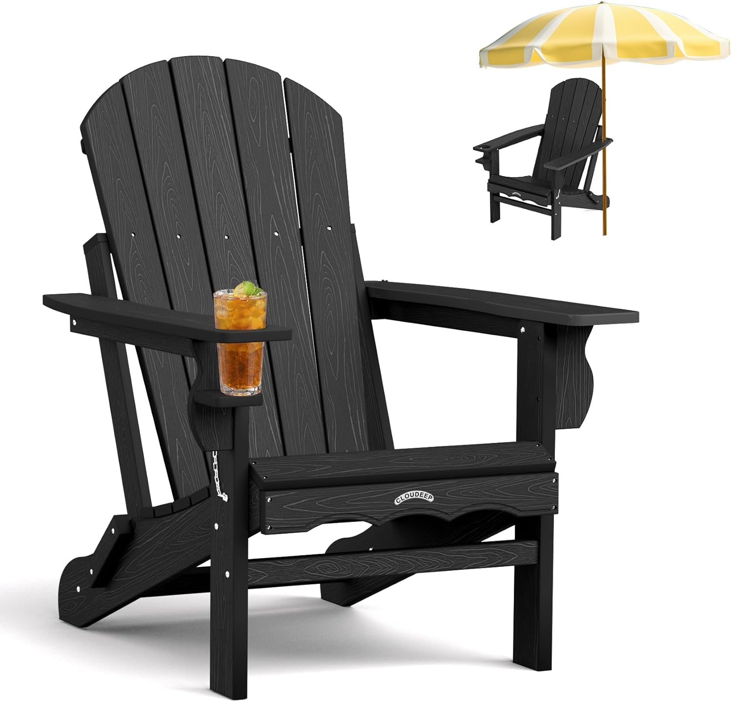 Folding Adirondack Chair, 25 Year Fade Proof Recycled HDPE Oversized Fire Pit Chair, 400 LBS Weight Capacity Outdoor Chair with Cup Holder, Umbrella Hole, Wood Texture for Patio Garden, Deck, Poolside