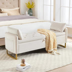 48" End of Bed Bench, Modern Storage Benches with Button-Tufted, Velvet Upholstered Storage Ottoman Bench for Foot of Bed with Arms, Gold Legs Window and Entryway, Beige