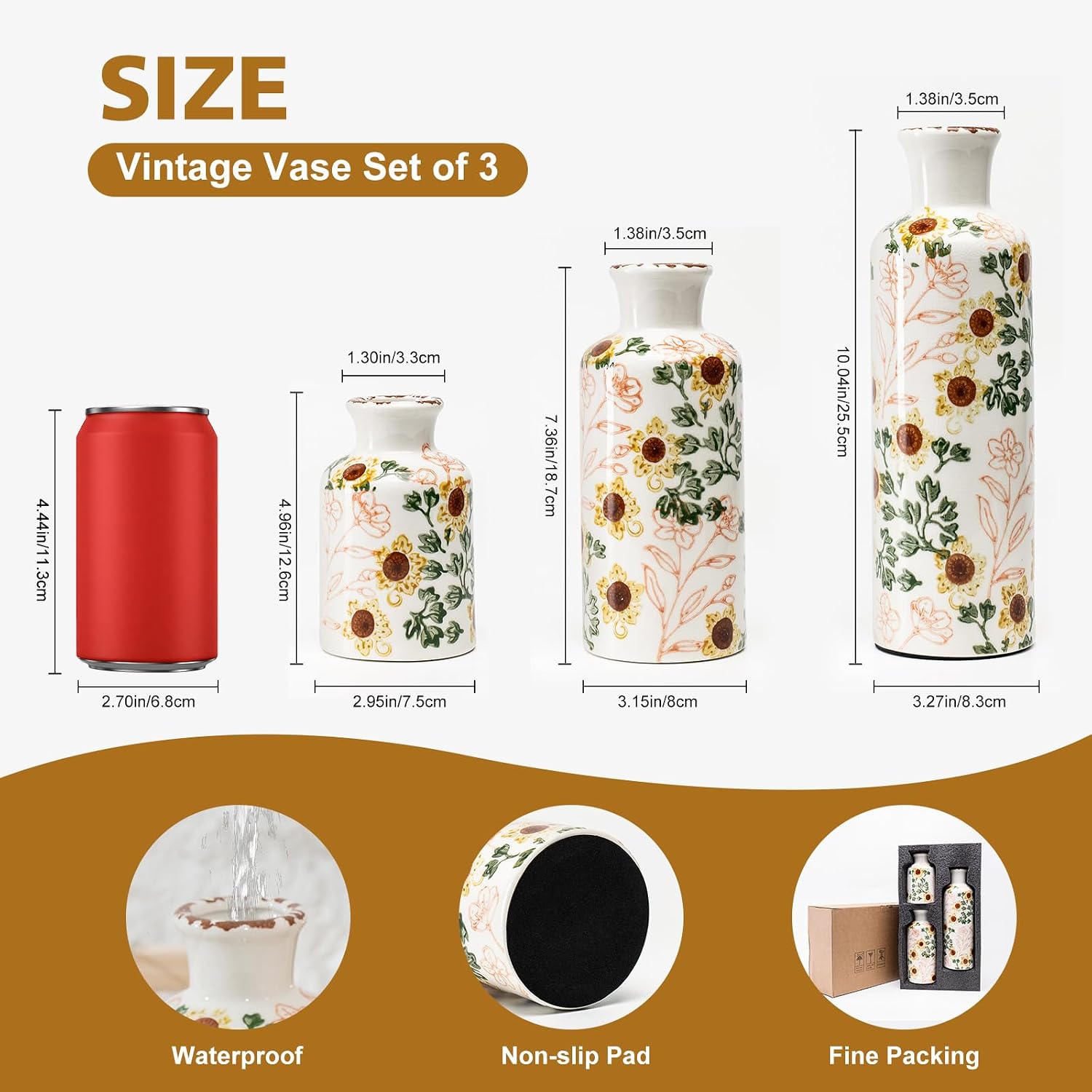 Vintage Ceramic Flower Vase Set of 3, Rustic Farmhouse Vase for Home Decor, Distressed Decorative Vase for Table Entryway Mantel Centerpiece Living Room Bathroom Bedroom (Sunflower Crackle)