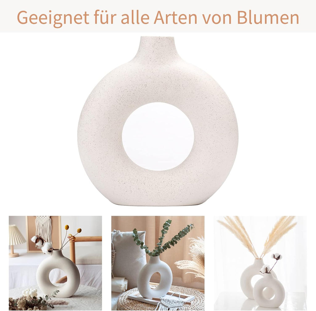 CEMABT White Donut Vase Hollow Ceramic Vase for Flowers Handmade Minimalist Boho ins Style Modern Home Decor for Wedding Dinner Table Party Living Room Office Bedroom(M)