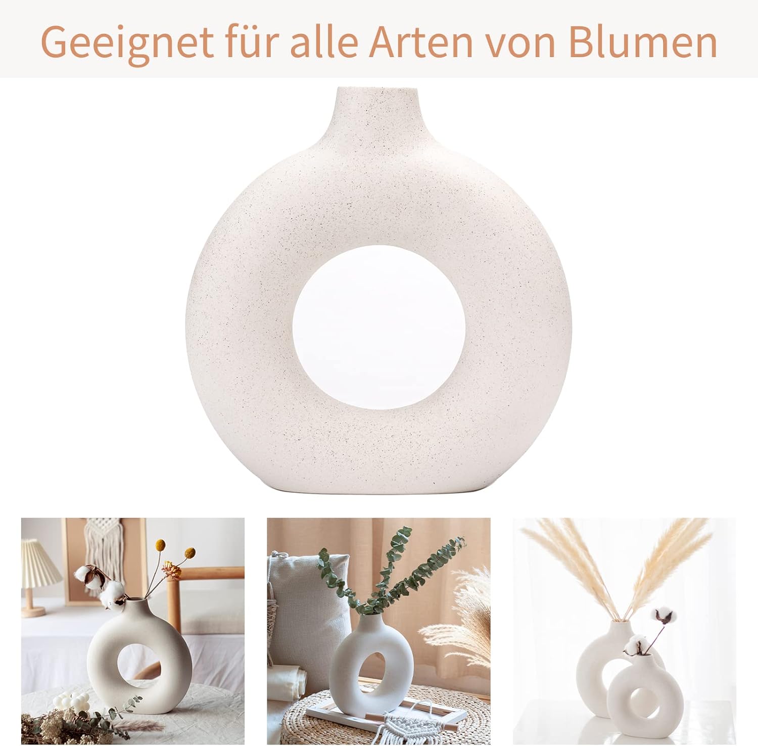 CEMABT White Donut Vase Hollow Ceramic Vase for Flowers Handmade Minimalist Boho ins Style Modern Home Decor for Wedding Dinner Table Party Living Room Office Bedroom(M)