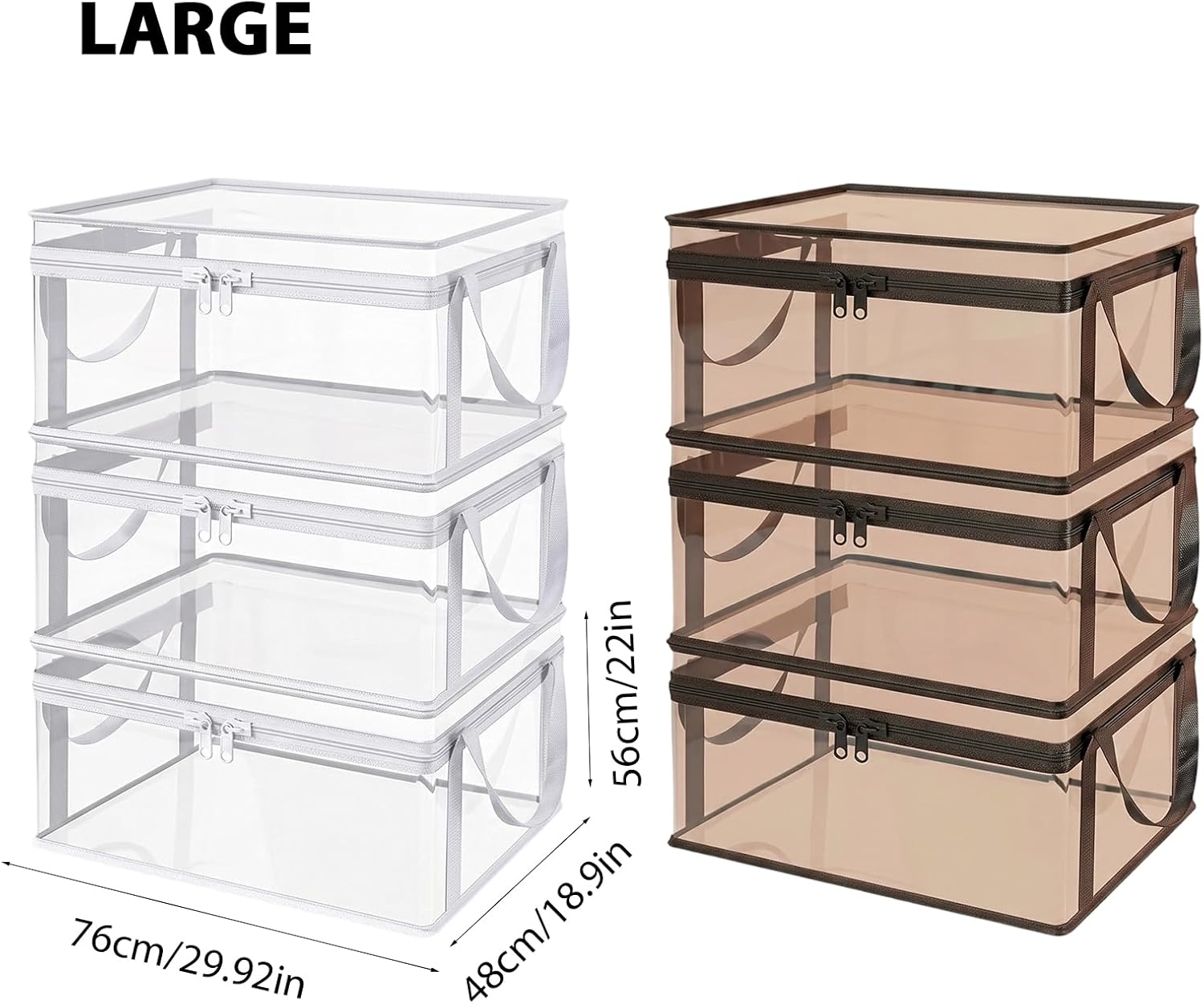 SakerPlus Large Clear Plastic Storage Box with Hinged Lid, Foldable Closet Organizer Bin with Handles, Thick PVC Storage Container for Clothes, Blankets, Bedding, Dorm (3PCS,Black,Large(30in))