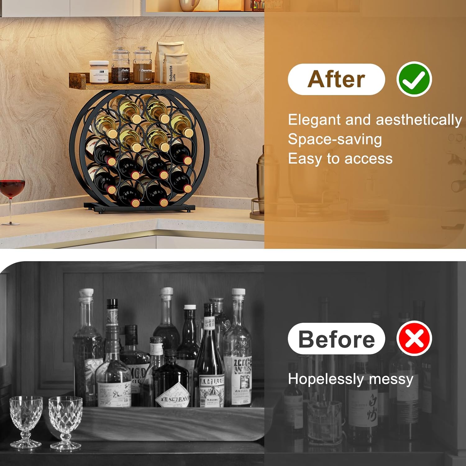X-cosrack 14-Bottle Countertop Wine Rack with Wooden Tabletop, Freestanding Round Metal Wine Bottle Organizer and Display Stand for Kitchen, Pantry, Home Bar and Cabinet