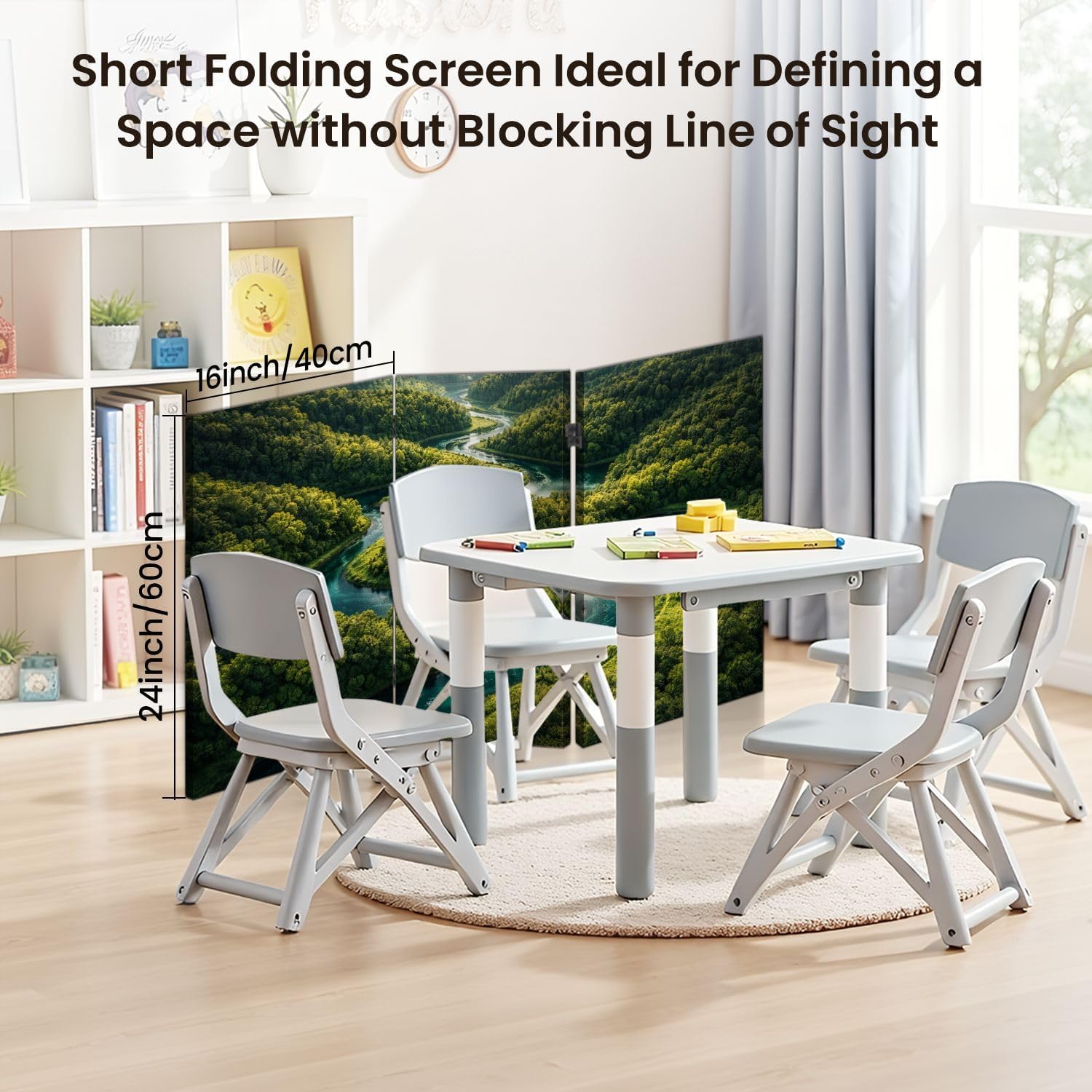 Small 3 Panels Folding Screen Room Divider Winding River Green Forest Vibrant Blue Water Boho Divider for Room Separation Portable Privacy Partition Screen Indoor