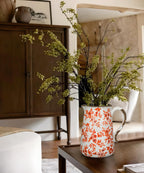 Ceramic Rustic Farmhouse Vase, 7.9" Orange Red and White Vase for Centerpieces Chinoiserie Vases Pottery Jug with Handle Chinoiserie French Country Decor Vintage Vases for Kitchen Dinner Table