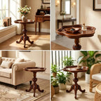 Solid Wood Carved Side Table, Vintage Round End Table with Raised Edge, Tripod Base for Living Room Sofa Bedroom Nightstand (Walnut)