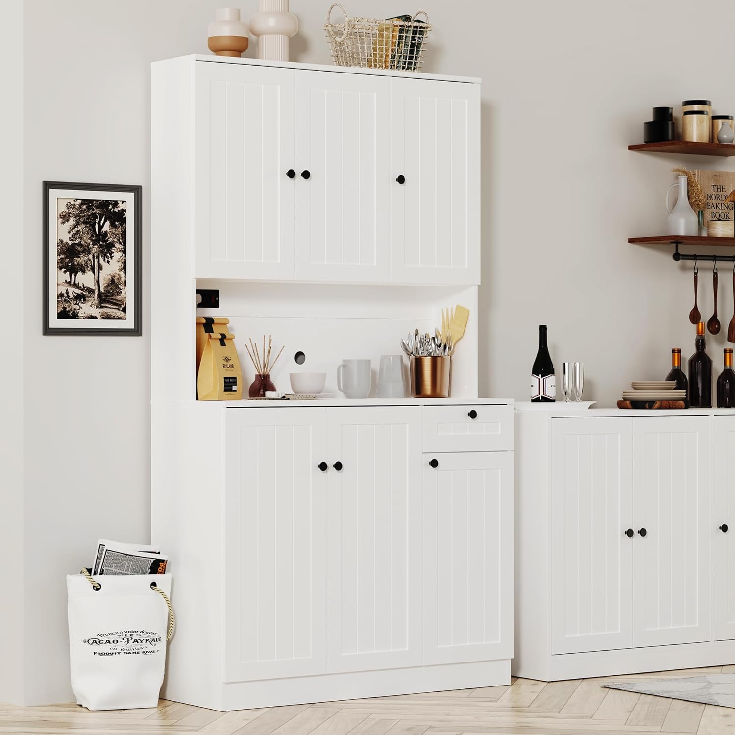 Furnify 71" H Pantry Cabinet with Charging Station, Tall Kitchen Pantry Storage Cabinet with Microwave Stand, Farmhouse Kitchen Hutch with Storage Drawer for Living Room, Dining Room, White