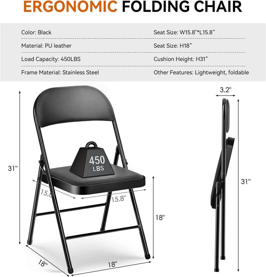 1 Pack Folding Chairs with Cushion Padded - Metal Chairs w/Comfortable Seats and Durable Steel Frame Foldable Chair for Indoor Outdoor Wedding, Party, Backyard & Office Events (Black, 1 Pack)