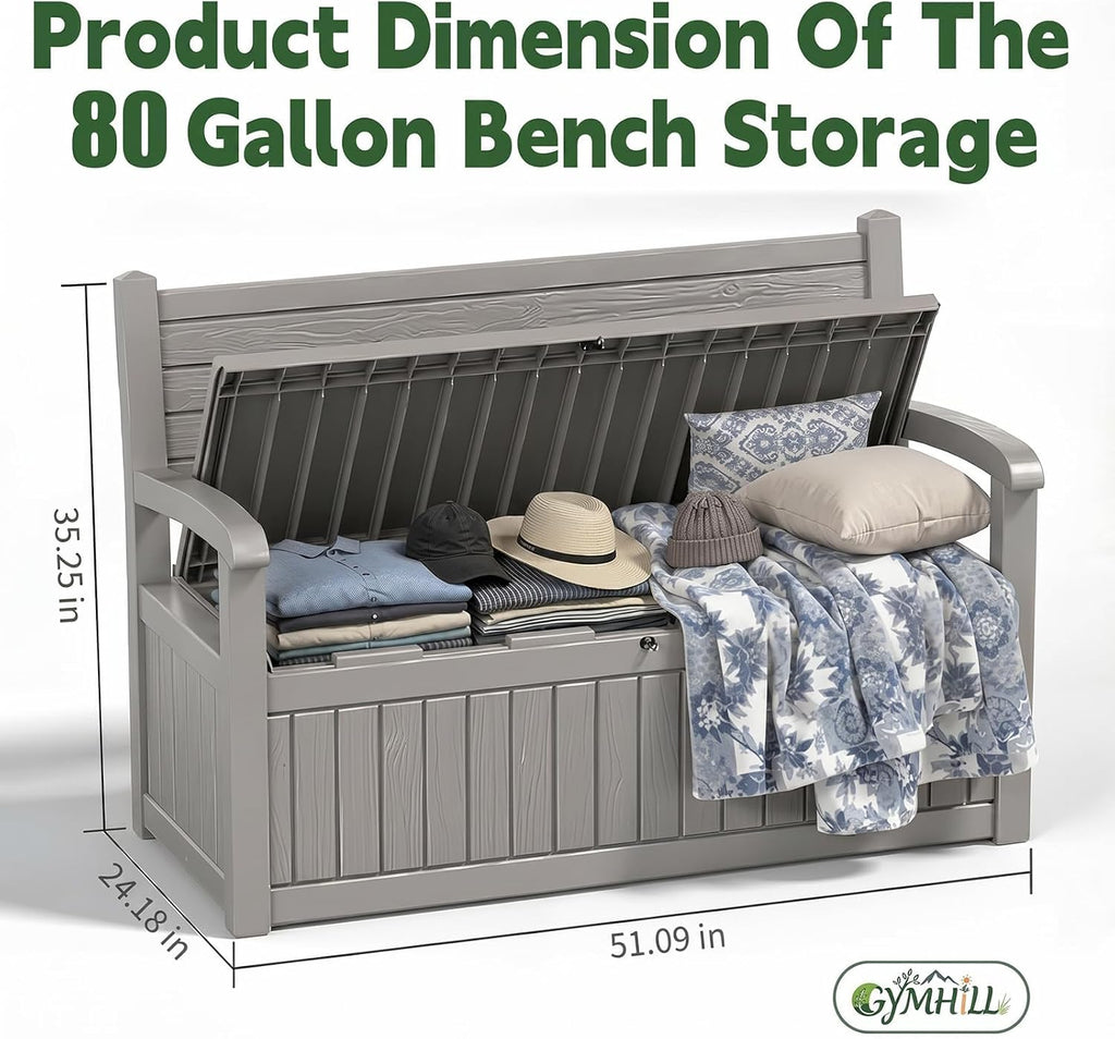 80 Gallon Outdoor Storage Bench Spacious Storage Box Waterproof Resin Deck Box Lockable for Patio, Garden, Livig Room & Outdoor Spaces（Grey）