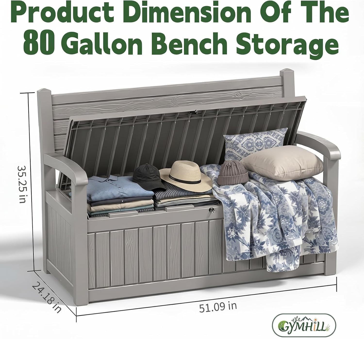 80 Gallon Outdoor Storage Bench Spacious Storage Box Waterproof Resin Deck Box Lockable for Patio, Garden, Livig Room & Outdoor Spaces（Grey）