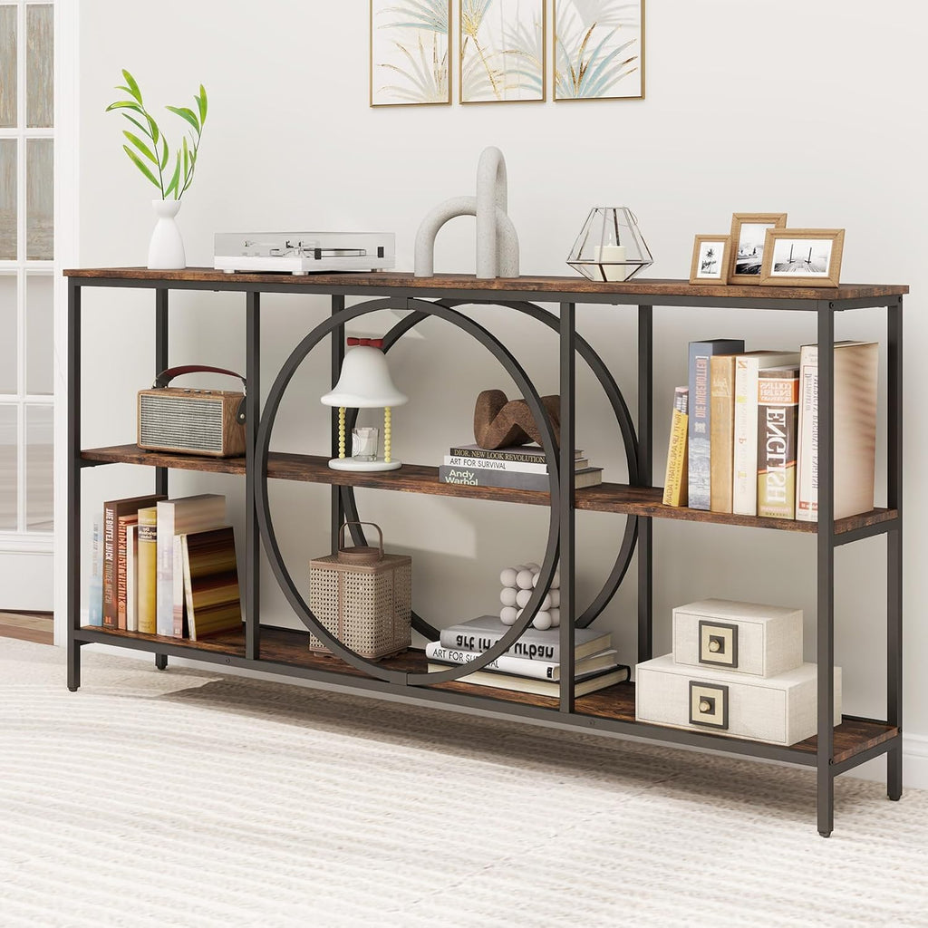 Giantex Narrow Long Console Table, 3-Tier Entryway Table with Faux Wood Grain Top&Heavy-Duty Metal Frame, Mid-Century Accent Sofa Tables with Open Storage Shelves for Living Room, Hallway(Brown+Black)
