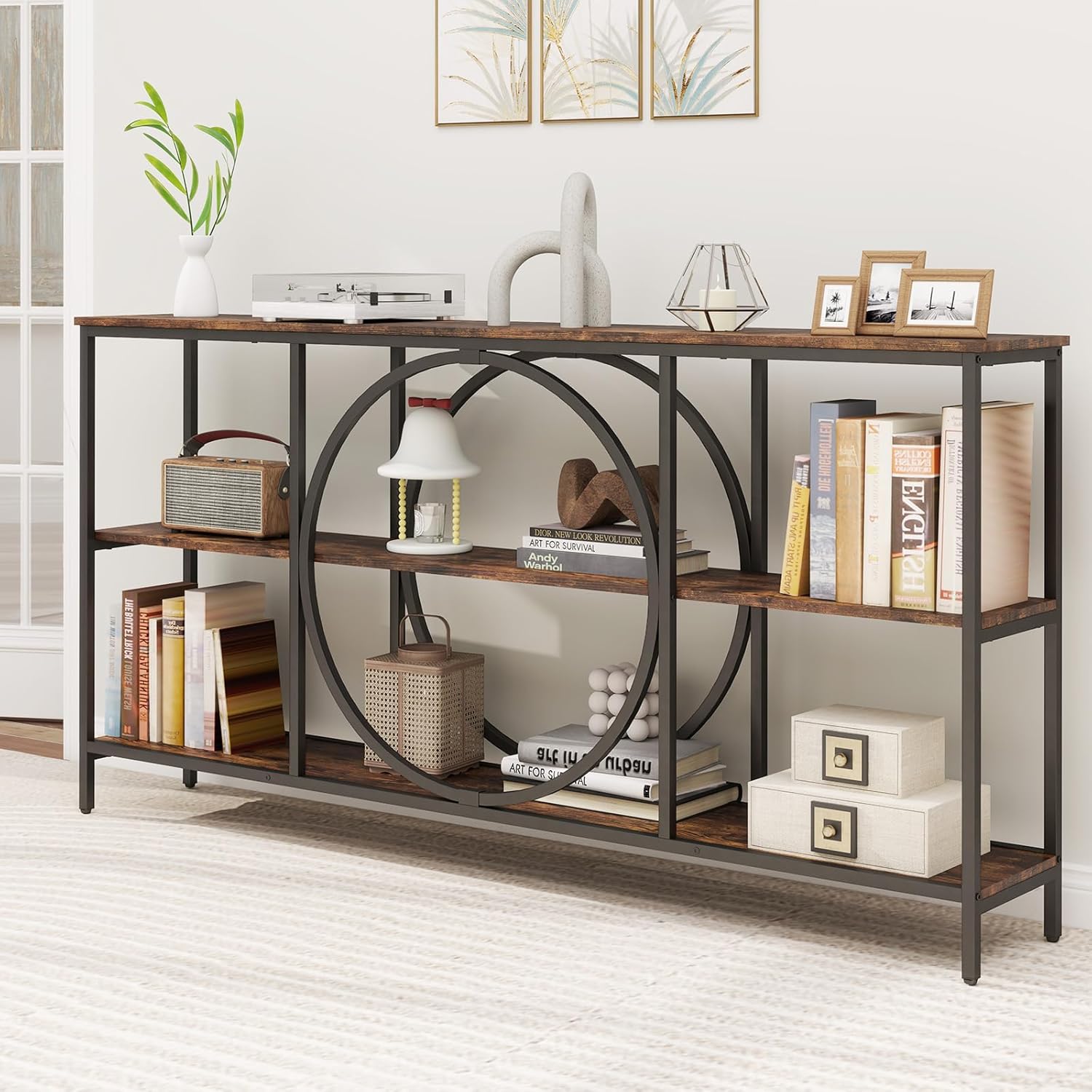 Giantex Narrow Long Console Table, 3-Tier Entryway Table with Faux Wood Grain Top&Heavy-Duty Metal Frame, Mid-Century Accent Sofa Tables with Open Storage Shelves for Living Room, Hallway(Brown+Black)