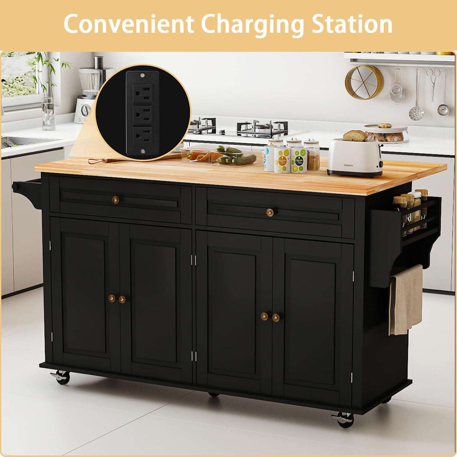JassmiPkwy 67’’ Movable Kitchen Island with Drop Leaf and Power Outlet, Lockable Sliding Countertop Rolling Island Cart with 2 Large Drawers, Spice, Towel Rack,Black