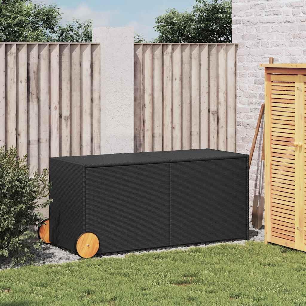 Garden Storage Box with Wheels 74.8 Gal Black Poly Rattan Resin Wicker Outdoor Patio Cushion Container Chest Weather Resistant for Backyard Deck