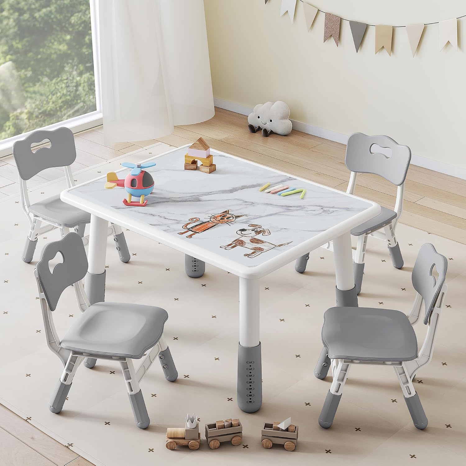 DOREROOM Toddler Table and 4 Chairs Set, Height Adjustable Kids Table and Chair Set, 31.5''L x 23.6''W, Marble Pattern & Graffiti Desktop, Children Multi-Activity Table for Home/Daycare/Classroom