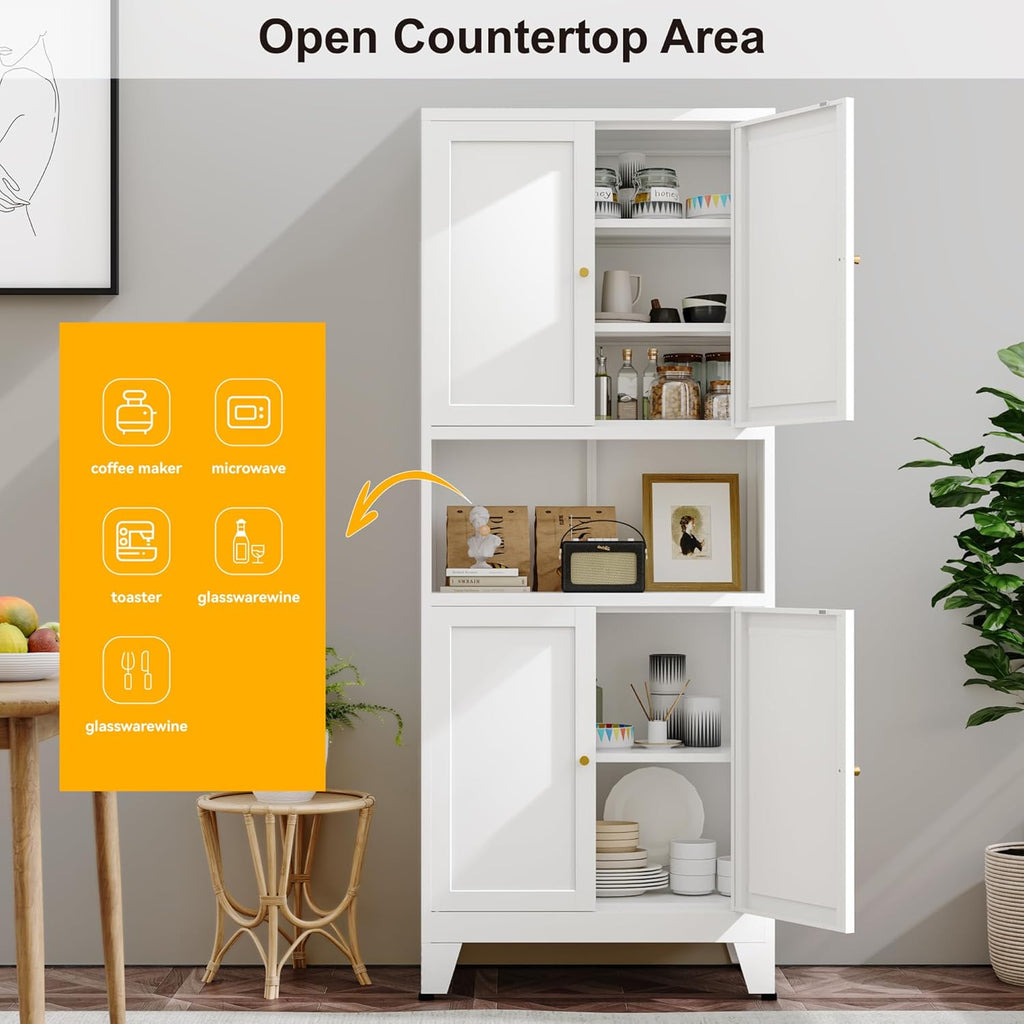 YAUWOH 69" Tall Metal Pantry Cabinet with Microwave Shelf, 4 Doors & 3 Adjustable Shelves, 120LBS Per Shelf Heavy Duty Storage Cabinet with Anti-Tip Design for Kitchen,Dining Room (1PC,White)