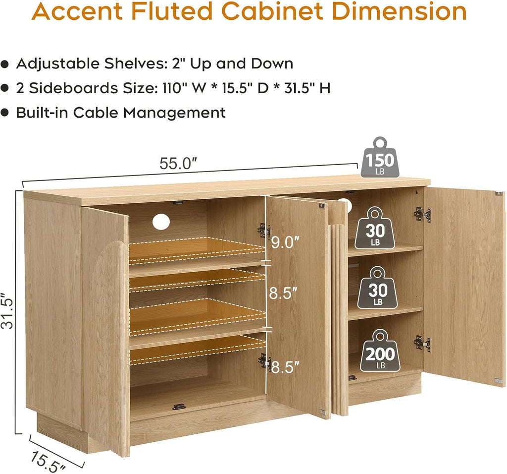Yechen 55 Inch Fluted Sideboard Buffet Cabinet with Arched Reeded Doors, Modern Mid Century Credenza Accent Storage Cabinet with Adjustable Shelves for Living Room & Dining Room, Natural Oak Finish