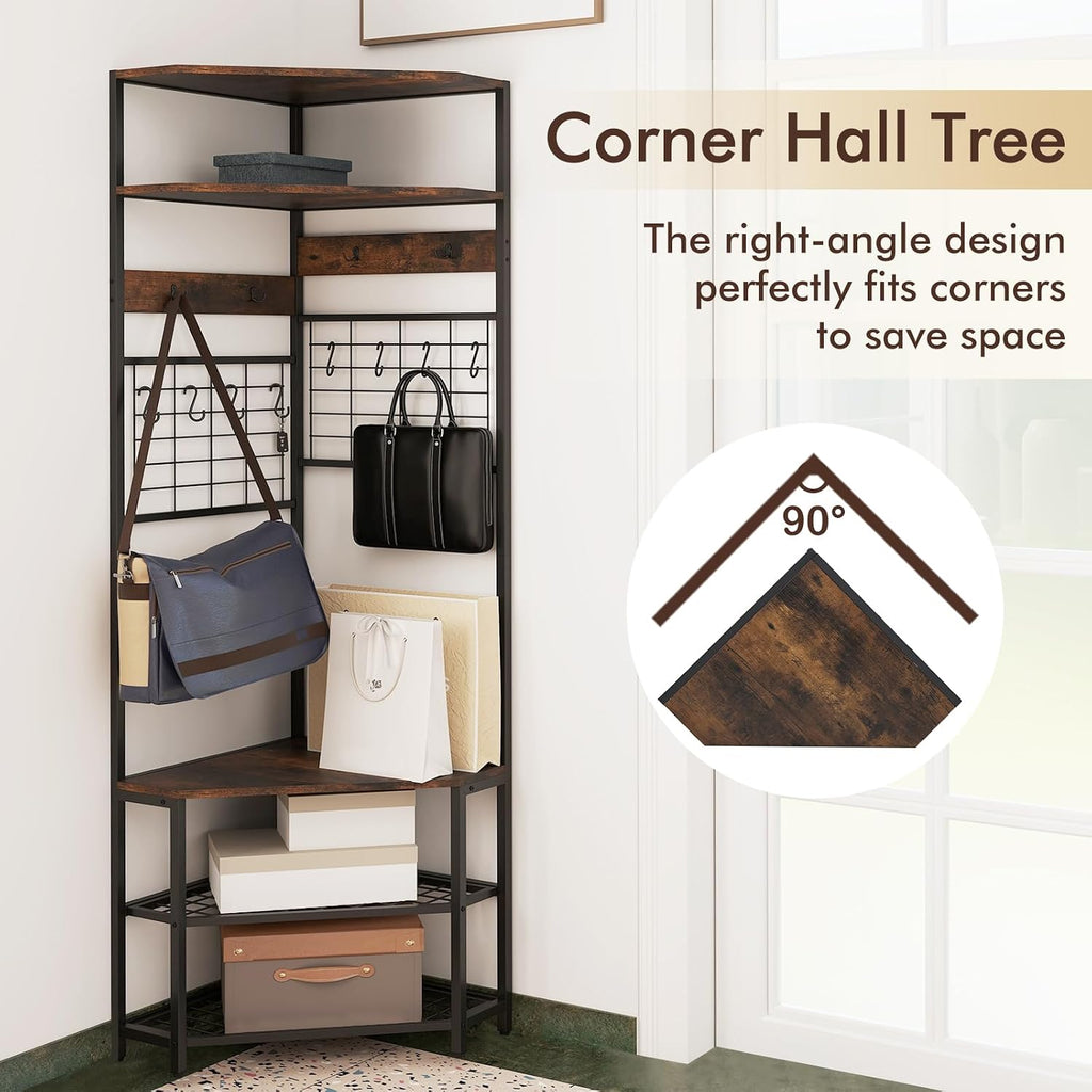 Giantex Corner Hall Tree, 73" Tall Coat Rack w/Shoe Storage Bench, 12 Metal Hooks, 5-Tier Entryway Shoes Shelf Organizer, Freestanding Clothes Rack for Living Room, Bedroom (Rustic Brown & Black)