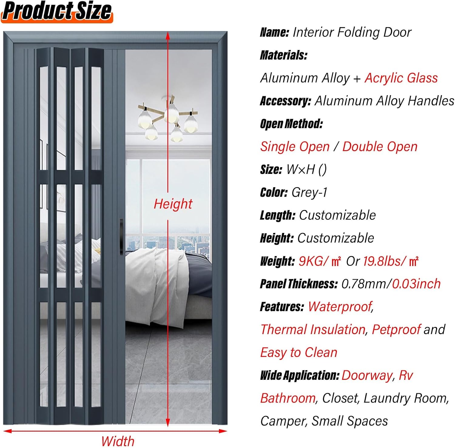 Interior Sliding Barn Door, Accordion Folding, Single/Double Bedroom Divider for RV Mobile Home, -1 80x80in(203.2x203.2cm)
