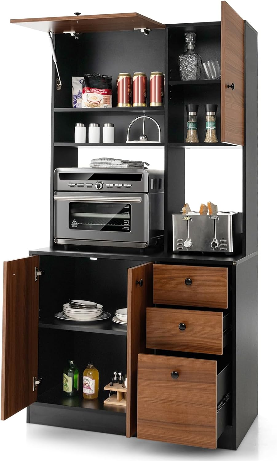 PETSITE Kitchen Buffet Hutch Storage Cabinet, 71" Freestanding Pantry with 3 Cabinets & Drawers, Adjustable Shelves, Microwave Cupboard for Living Room, Dining Room (Walnut)