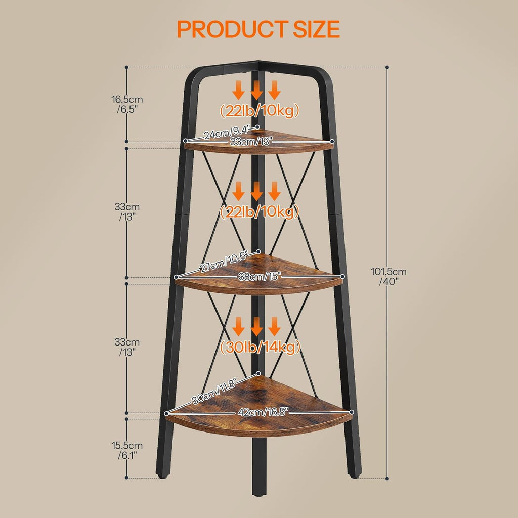 HOOBRO Corner Shelf, 3-Tier Corner Shelf Stand, 40” Tall Ladder Bookshelf, Industrial Corner Display Shelf Plant Stand for Living Room, Kitchen, Home Office, Rustic Brown BF143CJ01