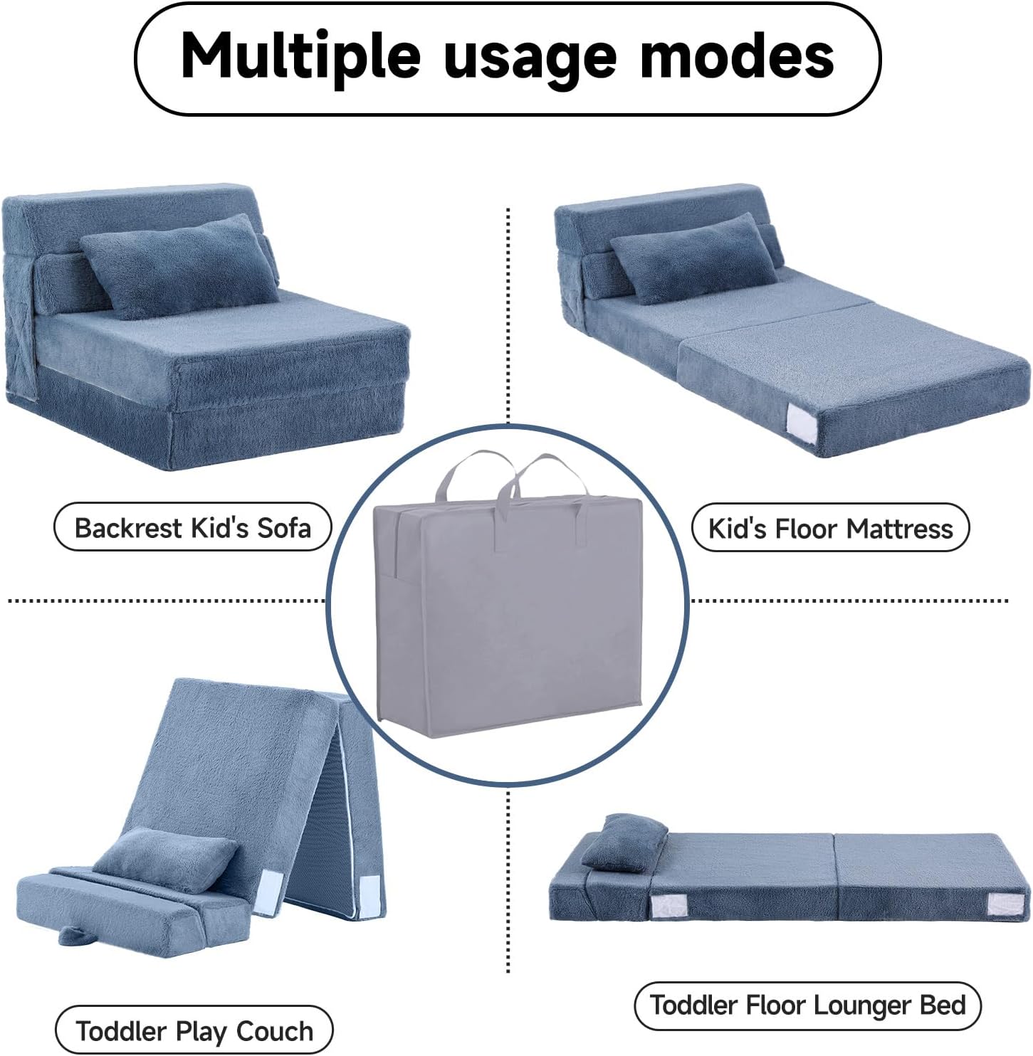 Tiita Convertible Folding Kids Sofa Bed with Pillow & Storage Bag, Plush Fabric Floor Mattress Couch Bed, Washable Cover, Kids Room, Playroom, Dorm, Apartment, Blue Grey