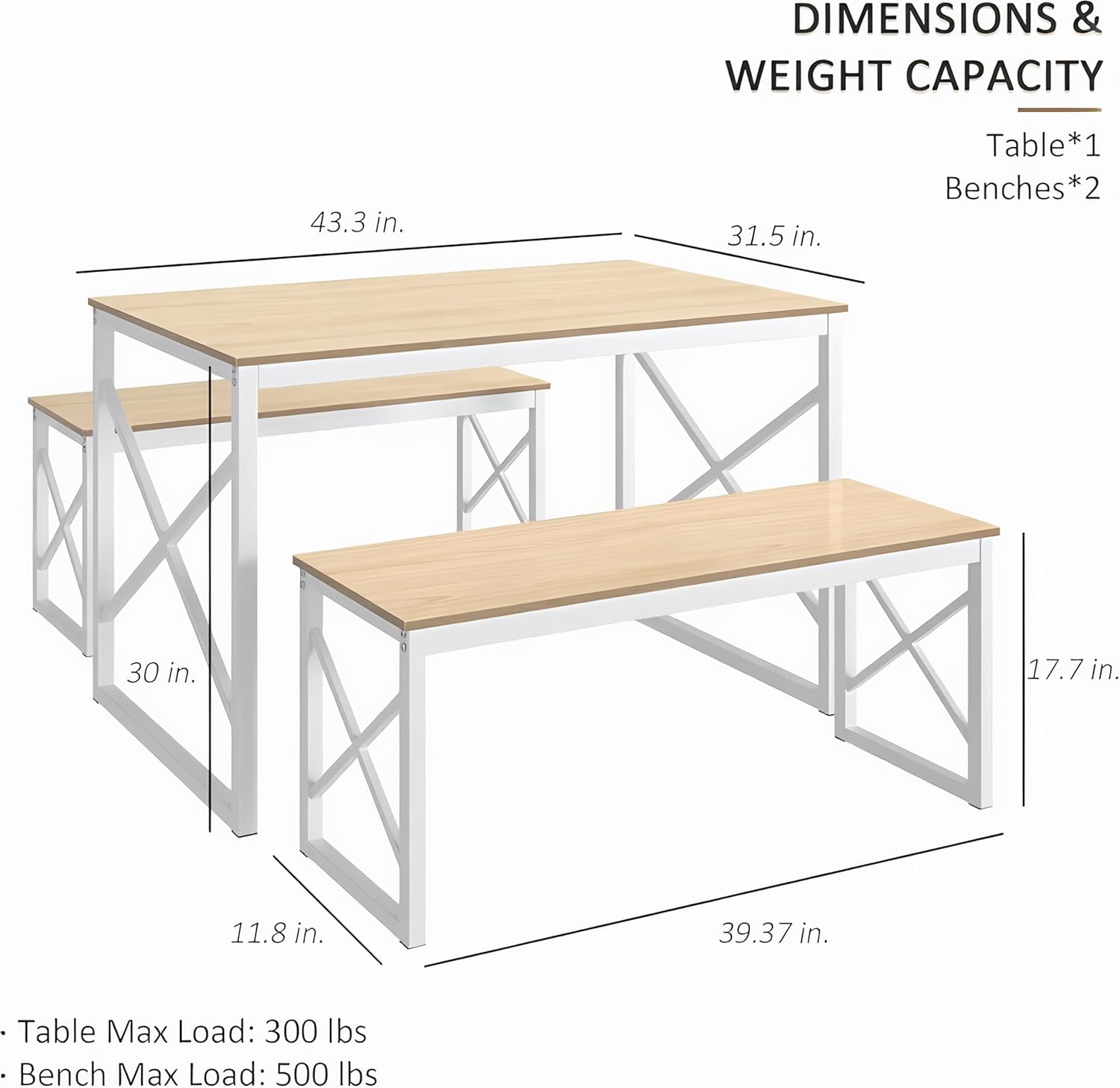 VECELO 43.3" Kitchen Dining Table Set for 4, Heavy-Duty Steel Frame & Wood-Grain Tabletop, Space-Saving Dinette Sets with 2 Benches for Breakfast Nook and Small Space, Natural
