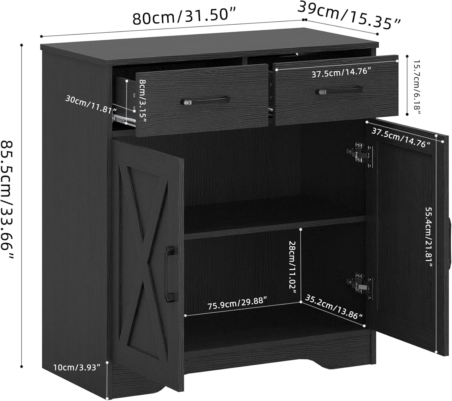 Panana Sideboard 2 Drawers 2 Doors Entryway Storage Cabinet Living Room Organizer Farmhouse Style Wooden Kitchen Cupboard (Black)