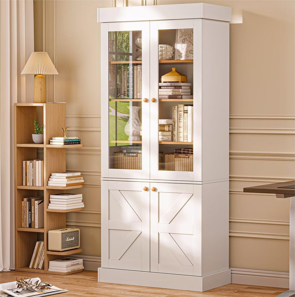 ivaniti 71" Tall Kitchen Pantry Cabinet, Rustic Farmhouse Storage Hutch with Glass Doors & Adjustable Shelves, Freestanding Wood Buffet Cabinet for Dining Room, Living Room, White