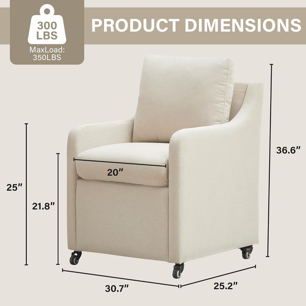 Rolled Dining Chair with Casters, Upholstered Modern Rolling Armchair with Wheels for Kitchen (1, Fabric Beige)