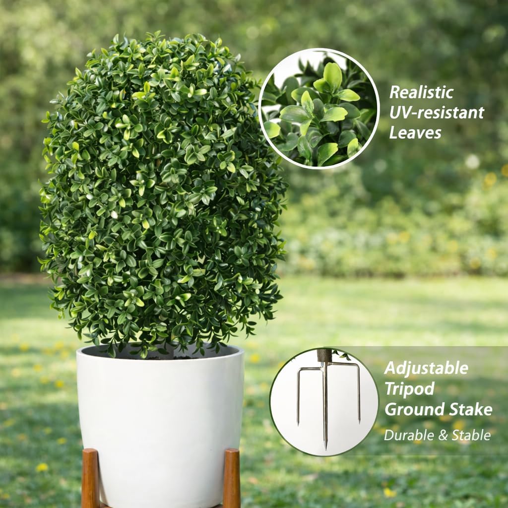 Artificial Topiary Trees, Set of 2 Faux Boxwood Topiary Ball Tree | UV Resistant, Indoor Outdoor, Front Porch Decor, Garden Yard & Balcony
