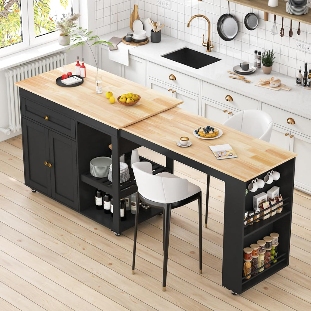 JassmiPkwy 78'' Rolling Kitchen Island with Extendable Dining Table for 4, Kitchen Islands on Wheels w/Pull Out Table, Drawer, 2-Tier Storage Shelf, Hooks, Black
