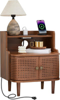 Metal Rattan End Table with Charging Station, Mid Century Modern Nightstand with 2 Doors, Bed Side Table with Storage for Couch, Living Room, Small Spaces, Sofa Side Table for Office, Dorm - Walnut
