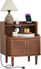 Metal Rattan End Table with Charging Station, Mid Century Modern Nightstand with 2 Doors, Bed Side Table with Storage for Couch, Living Room, Small Spaces, Sofa Side Table for Office, Dorm - Walnut