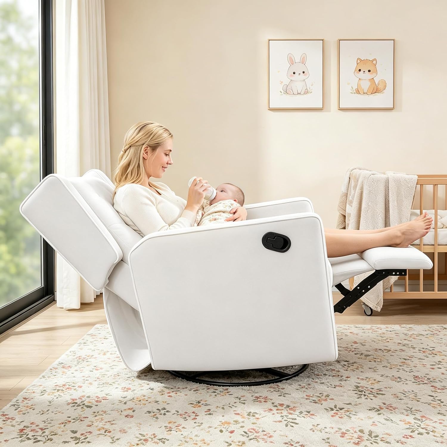 SweetGO Nursery Glider Recliner Chair, 360° Swivel Rocker Recliner with Manual Recline & Footrest, Upholstered Microfiber Nursery Chair for Nursing, Reading, Living Room & Bedroom