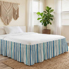 Vintage Blue Teal Striped Bed Skirt Queen Size 16 Inch Drop, Wrap Around Bed Skirts, Farmhouse Stripes Retro Art Elastic Bedskirt Pleated Bed Frame Cover Luxurious Dust Ruffle for Queen Bed