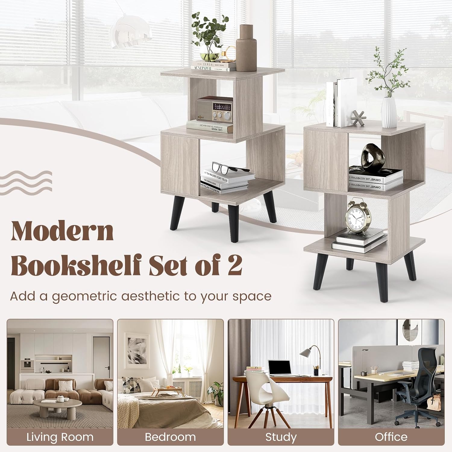 GOFLAME 3-Tier End Table Set of 2, Wood Sofa Side Table with Open Storage Shelves, Plastic Legs, Geometric Bedside Table, Modern Nightstand for Living Room, Bedroom, Small Spaces, Gray