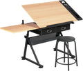 Yaheetech Height Adjustable Drafting Table Drawing Table Artist Desk Tilting Tabletop Art Craft Desk Watercolor Paintings Sketching Work Station w/2 Storage Drawers and Stool for Home Office