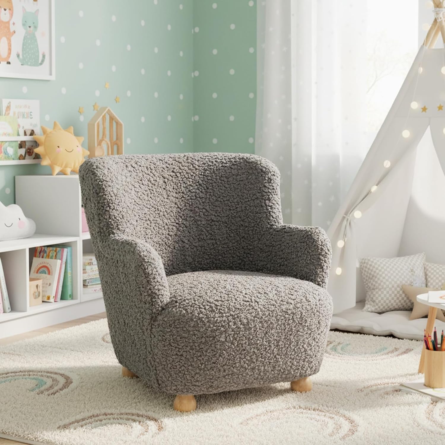 HONEY JOY Toddler Couch, Comfy Kids Chair w/Solid Wooden Frame & Sherpa Fabric, Upholstered Armchair Preschool Furniture, Baby Couch for Playroom, Kids Sofa for Girls Boys (Grey)