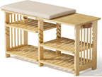 Amazer Bamboo Shoe Rack Bench, 3-Tier Shoe Bench Height Adjustable, Entry Bench with Side Storage Strap, Shoes Organizer Storage Bench, Shoe Shelf with Seat Cushion for Entryway, Living Room, Hallway
