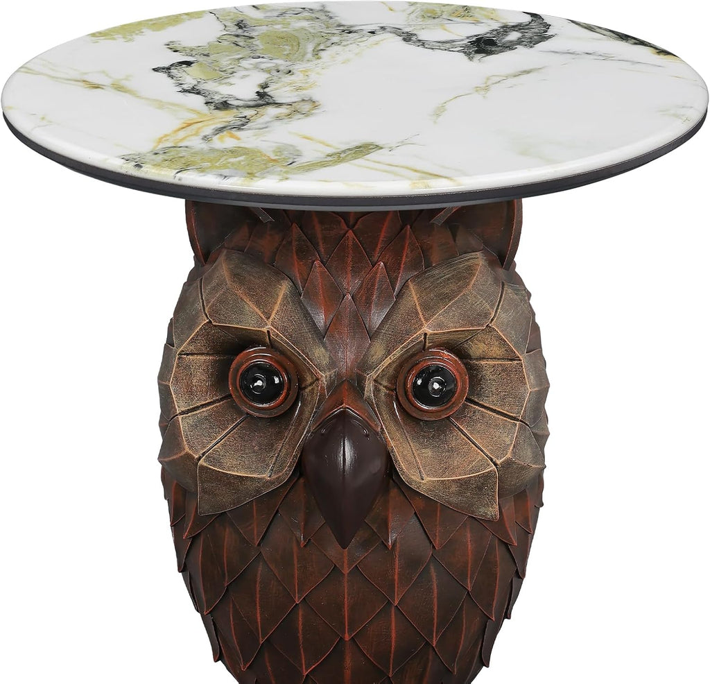 Owl Side Table, Round End Table with Faux Marble Top, Resin Owl Statue Base, Unique Animal Accent Table for Living Room, Bedroom, Nursery, Rustic Brown 22.83“ Tall 17.17" Height