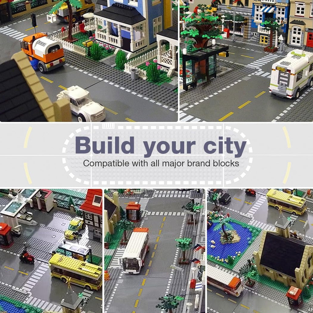 Lekebaby 12 Pack Road Base Plates 10x10 City Street Baseplates, 4 Curve / 4 T Junction / 3 Straight / 1 Junction, Compatible with Major Brands