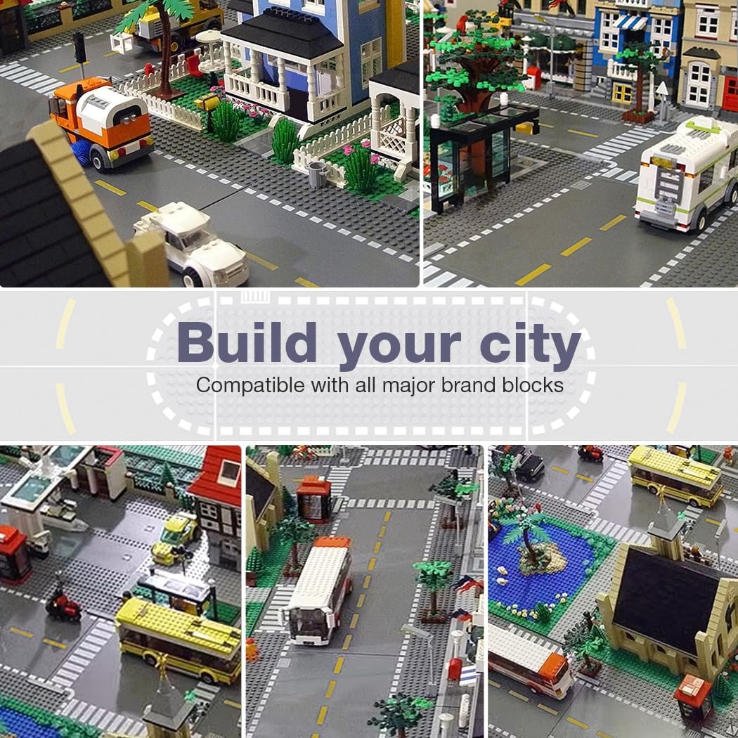 Lekebaby 12 Pack Road Base Plates 10x10 City Street Baseplates, 4 Curve / 4 T Junction / 3 Straight / 1 Junction, Compatible with Major Brands