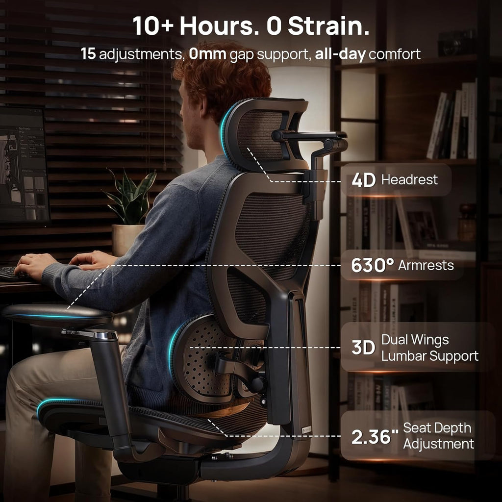 Ergonomic Office Chair with Lumbar Support - Over 10 Hours Sitting Comfortable, Mesh Big and Tall Home Computer Desk Chairs, 4D Headrest, 630° Armrst, Seat Depth Adjustable, 330 LBS