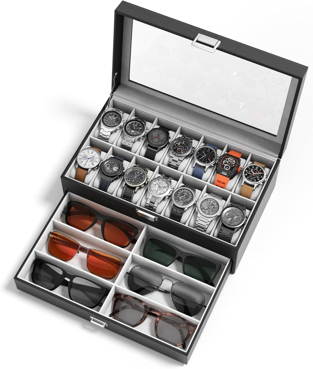 Watch Case Box for Men - 14 Slots Watch Display Organizer with Glass Lid, Double Layer PU Leather Jewelry Storage with Drawer, Gift for Husband Boyfriend Dad, Black
