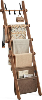 VASAGLE Blanket Ladder for Living Room, 5-Tier Wooden Ladder Shelf, Decorative Farmhouse Blanket Rack with Synthetic Leather Bag, Metal Hooks, Side Hooks, for Bedroom, Caramel Brown ULLS022K01