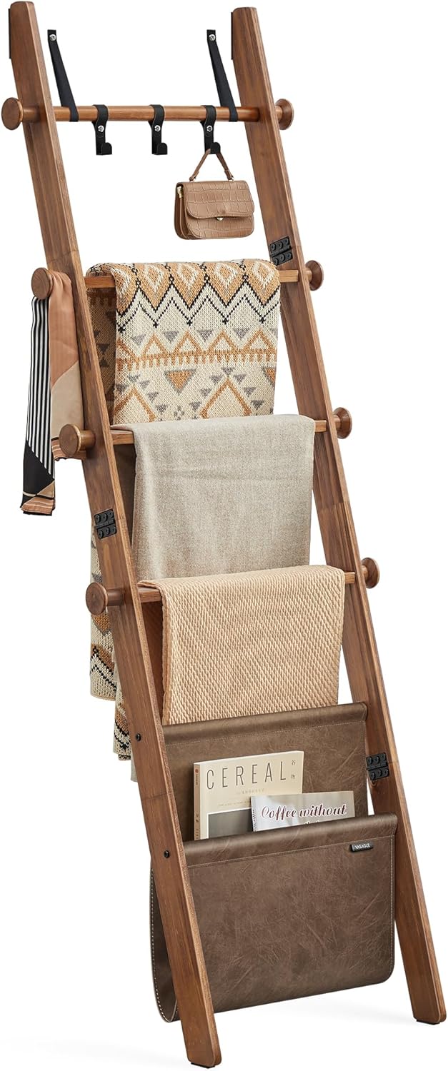 VASAGLE Blanket Ladder for Living Room, 5-Tier Wooden Ladder Shelf, Decorative Farmhouse Blanket Rack with Synthetic Leather Bag, Metal Hooks, Side Hooks, for Bedroom, Caramel Brown ULLS022K01