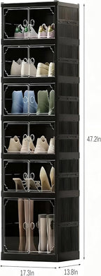 6 Tiers 12 Pairs Foldable Shoe Rack Storage Cabinet, Suitable for Closet Entryway, Collapsible Shoe Storage Organizer Cabinet with Magnetic Door，Easy Assembly (Black, 13.7x17.3x47.2)