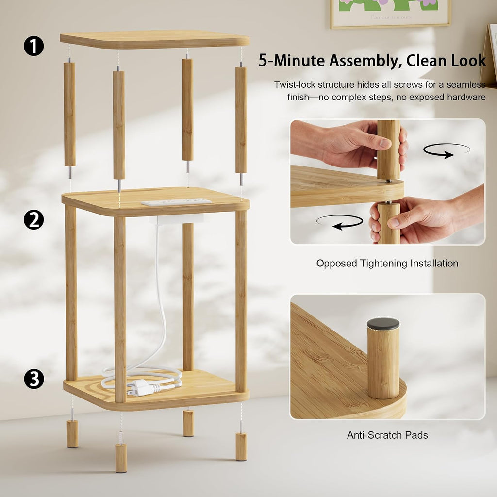 Bamboo End Table with Charging Station, Side Table for Small Space, Small Table Stand, Narrow Wooden Bedside Table Nightstand with Shelves, for Nursery, Living Room, Bedroom, Natural