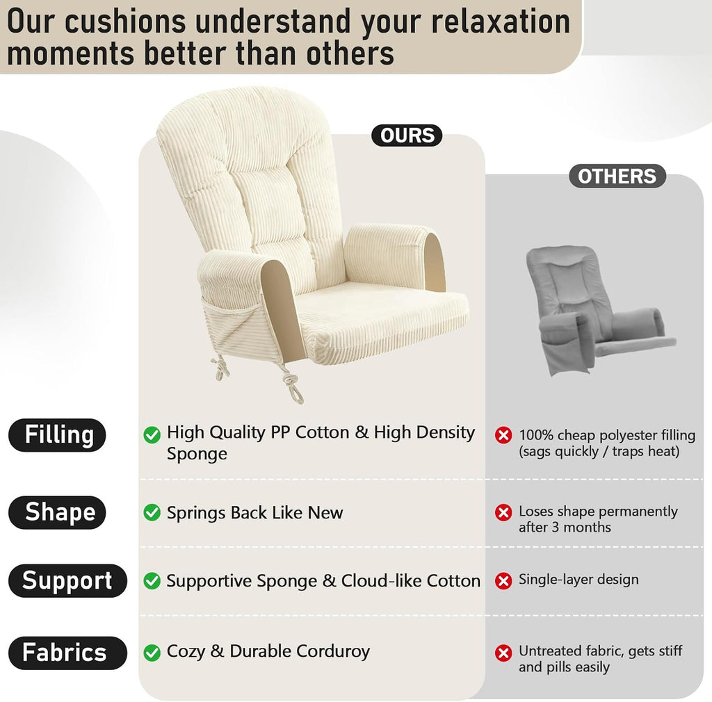 Boshen 5PCS Glider Rocker Replacement Cushions with Storage Side Pockets, Thickened 3.5IN Seat & Supportive Striped Plush Rocking Chair Cushion Set with Ottoman Cover for Indoor Nursery, Beige